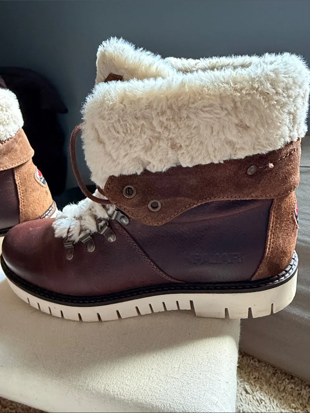 Pajar Brown Leather Fur-Trim Winter Boots with Cream Lining